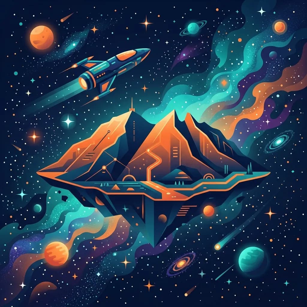 Ilustración del Cerro de la Silla en Monterrey bajo un cielo estrellado y espacial